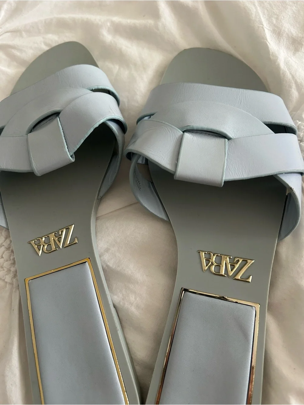 Zara Light Blue Leather Knotted Slide Sandals with Gold Insole Trim - Picture 2 of 2
